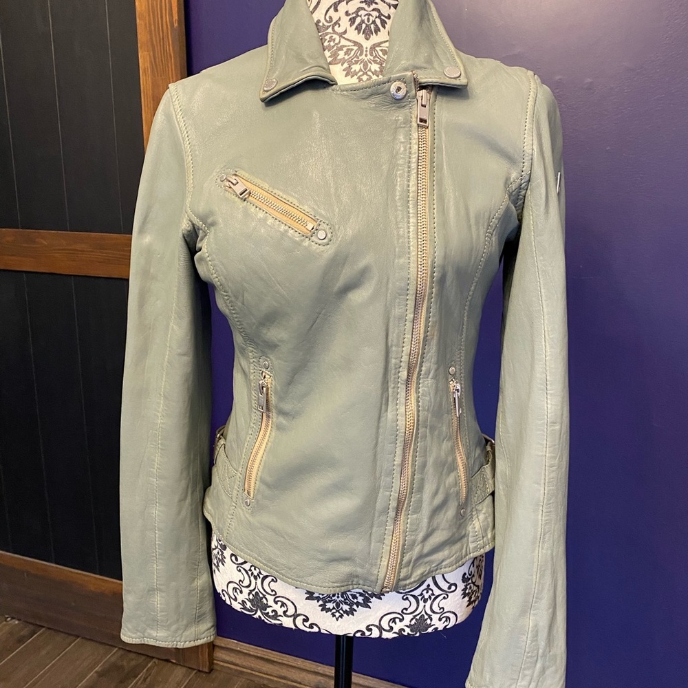 Maritus Sage Green Leather Moto Jacket with Asymmetric Zip Size 4